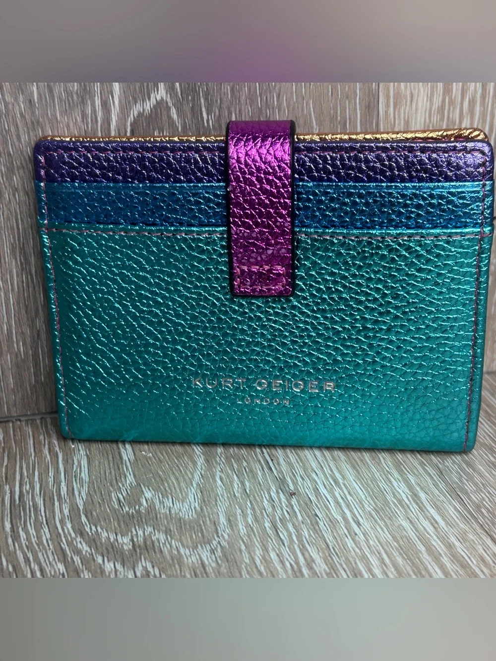 Kurt Geiger Metallic Rainbow Leather Pouch & Wallet Set - Teal, Purple, Gold